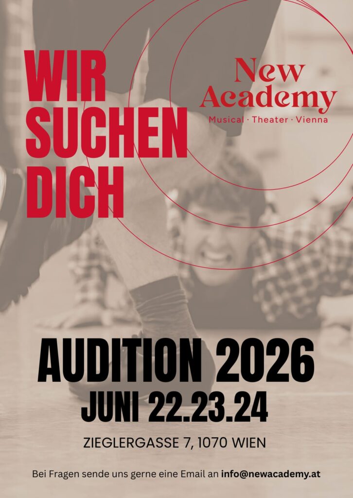 Teacher watching a student’s feet dance with enthusiasm on the background of an audition event flyer at The New Academy Musical Theatre Vienna